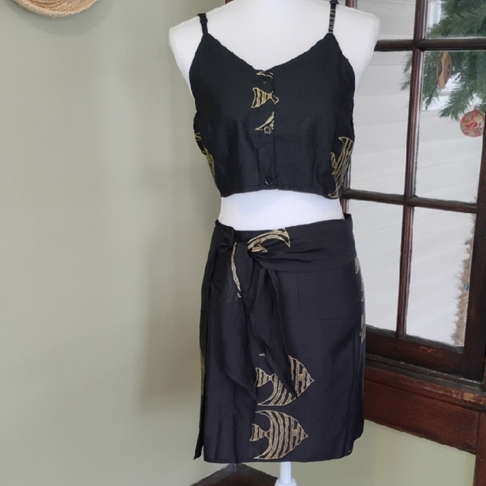 Black and Gold Mini Wrap Skirt Beachwear Set